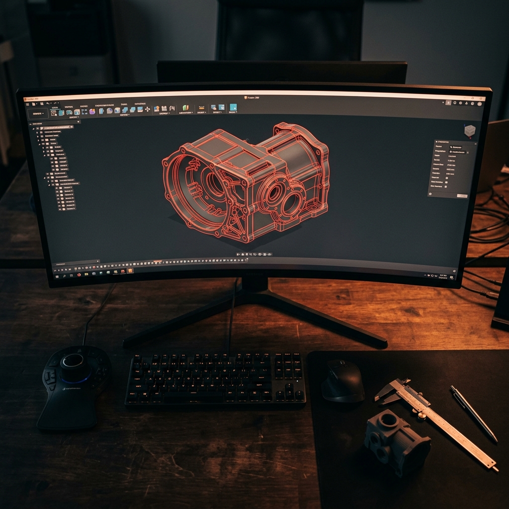 Workspace CAD Fusion 360 com modelo 3D paramétrico